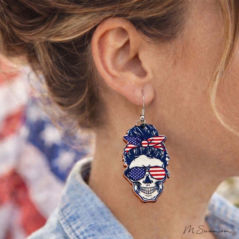 Flag Print Skull Earrings Birchwood Lightweight